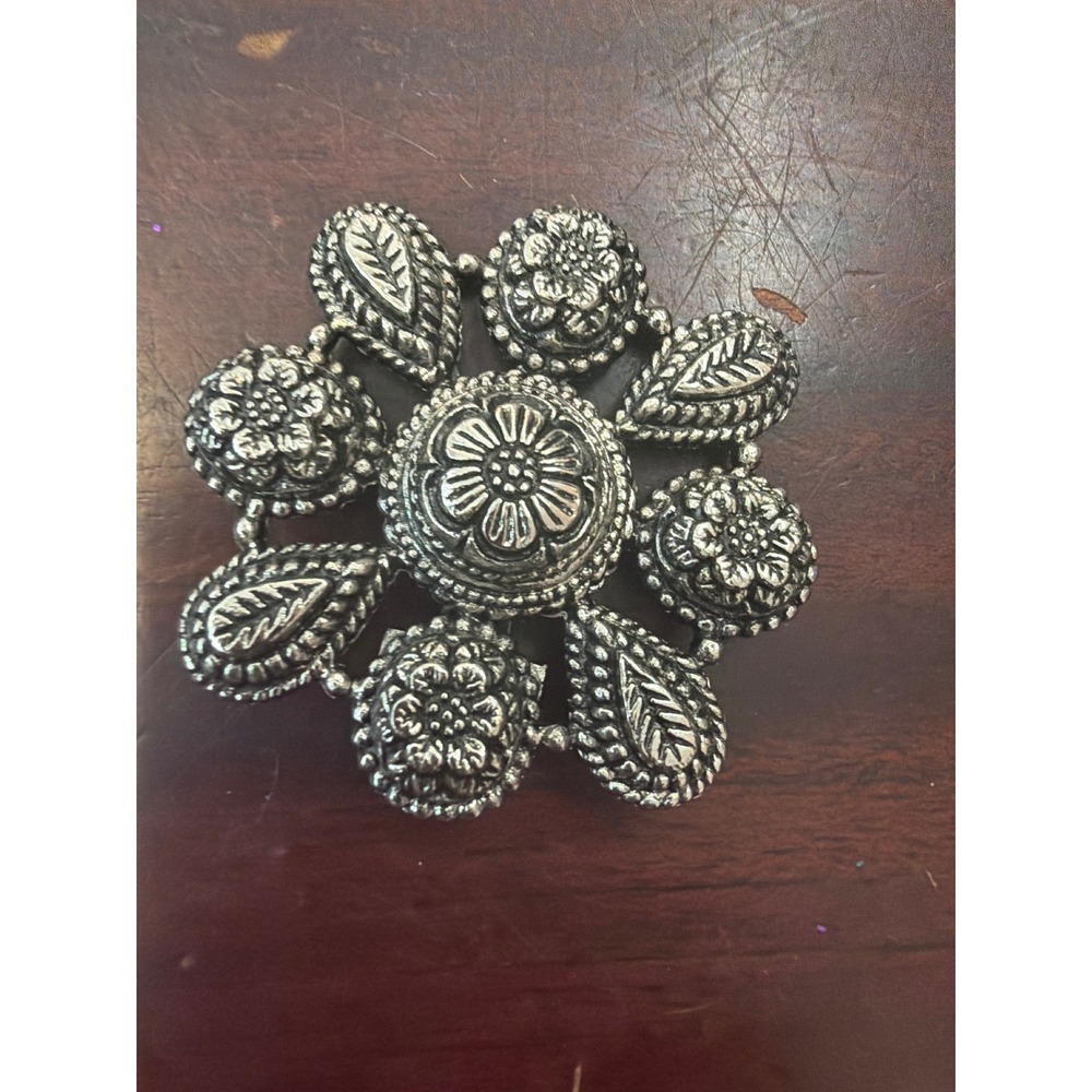 Vintage Sajen Silver Tone Floral Brooch Ornate Teardrop Flower Pin Boho Jewelry